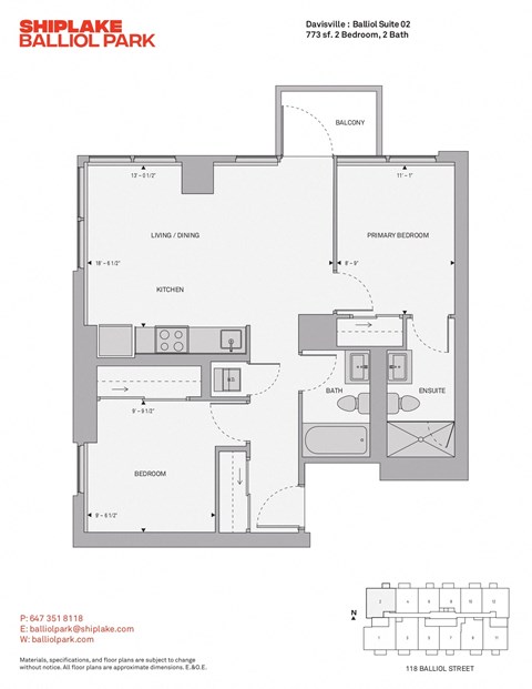 Floor plan for 2 beds, 2 baths, 773 sqft